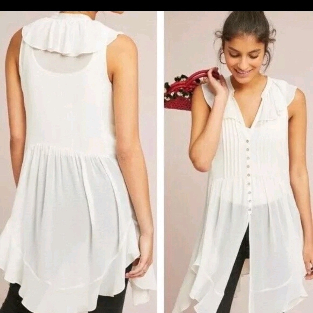 Anthropologie White Ruffled Pintuck Sleeveless Button-Front Tunic Blouse